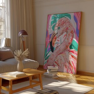 Flamingo Portrait Digital Download - Textured Brushstrokes, Vibrant Pink Art Print poster, Bird and animal poster, coastal decor