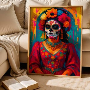 Vibrant Dia de los Muertos Woman Portrait Digital Download - Colorful Sugar Skull Art Print