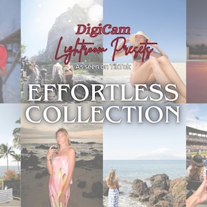May include: A digital collage featuring the text DigiCam Lightroom Presets As seen on TikTok EFFORTLESS COLLECTION. The image displays various scenes including a person drinking, a beach setting, a fire dancer, and a bag of Cracker Jack snacks.