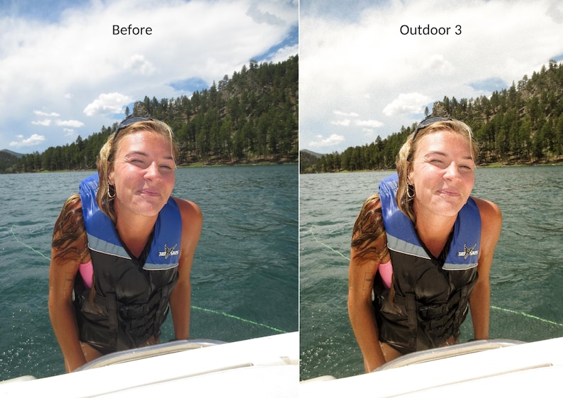 May include: A woman wearing a blue life vest and a pink tank top is standing on a boat. She is smiling and looking at the camera. The background is a lake with trees on the shore.