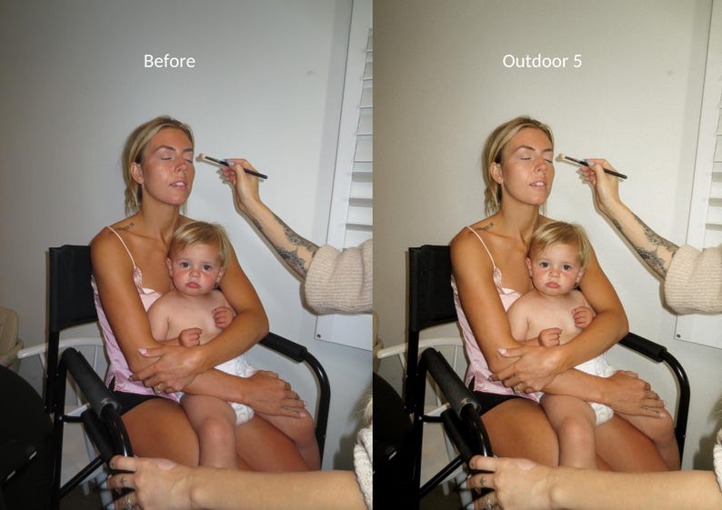 May include: A woman and a child sitting on a black chair. The woman is wearing a pink tank top and the child is wearing a white tank top. The woman is holding the child in her arms. The woman is having makeup applied to her face.