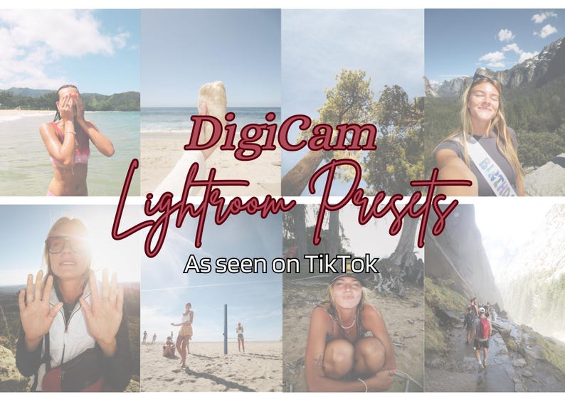 May include: A collage of photos showcasing the DigiCam Lightroom Presets, as seen on TikTok. The photos feature various landscapes and people, with a focus on natural light and vibrant colors.