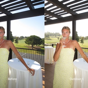 May include: A woman in a yellow strapless dress with a white beaded necklace is holding a martini glass and looking off to the side. She is standing on a patio with a golf course in the background. The text "Before" is written on the table in front of her.