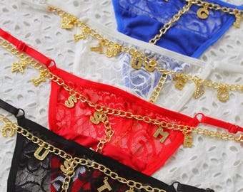 Tanga de encaje con cadena de letras personalizada / Tanga con diamantes de imitación personalizados / Regalo para despedida de soltera/aniversario/San Valentín para ella