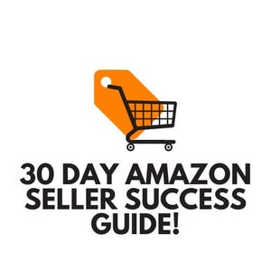 Op de afbeelding: Een 30-daagse gids voor succes als Amazon-verkoper met een oranje label en een zwart winkelwagenpictogram.
