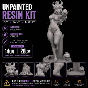 May include: An unpainted resin model kit of a female character with horns and a crown, holding a small sphere. The kit includes raw parts for assembly, cleaning, and painting. Available in 14cm and 28cm sizes, featuring detailed hair, body, and leg textures.