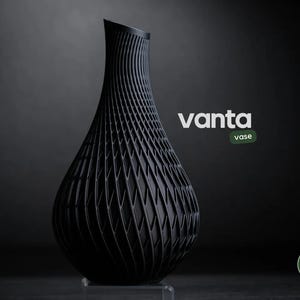 May include: A black vase with a unique, textured design. The vase has a slender neck and a bulbous body, with a pattern of intersecting lines. The word "vanta" is displayed in white text, with "vase" in green text. The vase is on a dark background.