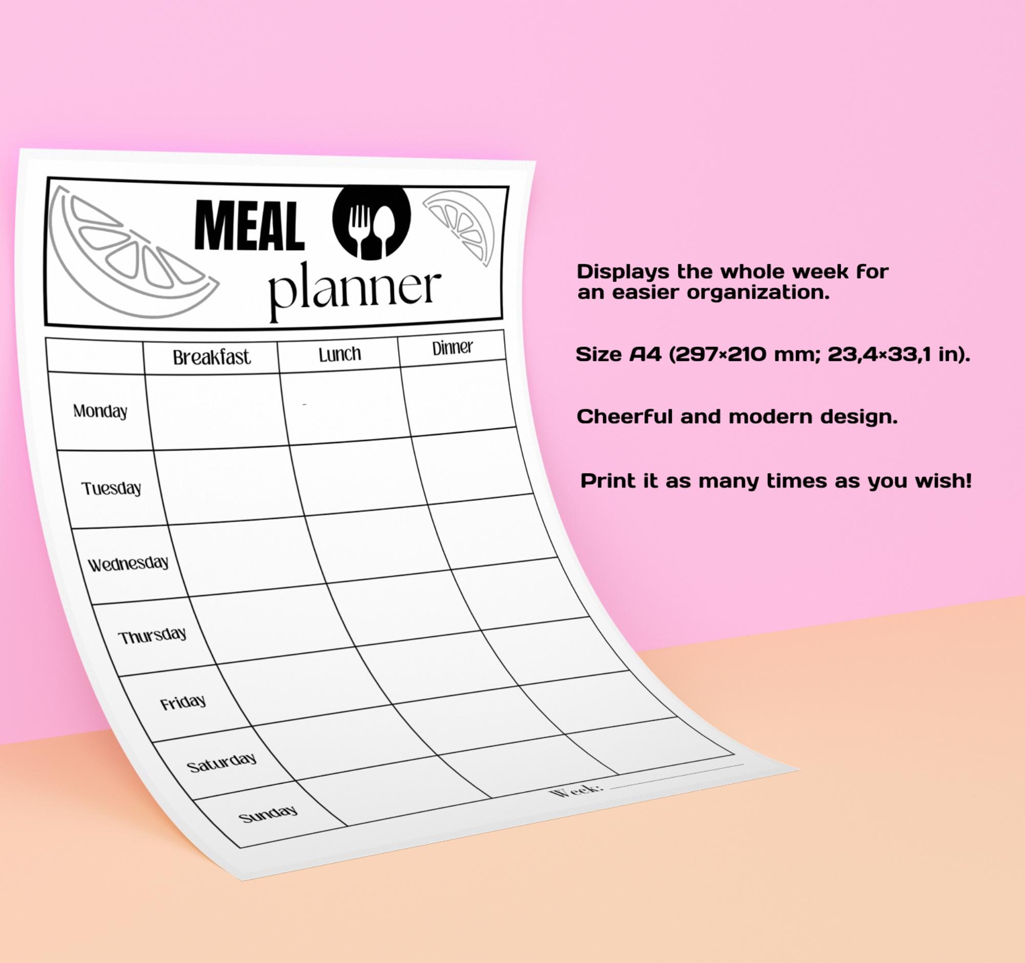 Weekly Meal Planner- Printable, Black and White Version, Simple and