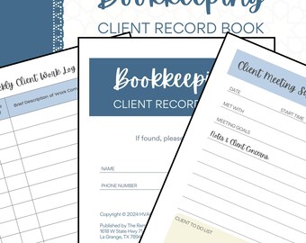 Peut inclure: Un livre de tenue de livres imprimable bleu et blanc avec un motif floral. Le livre comprend des sections pour le journal de travail des clients, les résumés des réunions des clients et les listes de tâches des clients.