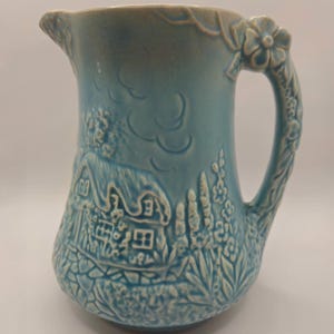Vintage Price Brothers Cottage Ware Jug – 1930s Art Pottery Pitcher Vase – Embossed English Ceramic – Blue Glazed Cottage Scene