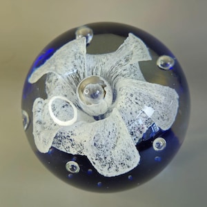 Vintage Cobalt Blue Glass Paperweight Flower Design