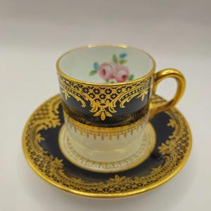 New Chelsea Staffs Demitasse Cup & Saucer – Cobalt and Gold – Vintage English Porcelain – Ornate Gilded Tea Set – Made in England