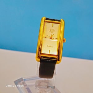 Vintage Gold Tone Quartz Watch, Rectangular Dial, Brown Leather Strap, Retro Design, Wristwatch Gift