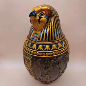 Egyptian Horus Falcon Canopic Jar Statue Bronze Resin Hand Painted Gold Hieroglyph Detail  Egyptian Revival Decor Gift Veronese Figurine