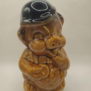 Vintage Pottery Piggy Bank Money Box – Large 21cm Brown Treacle Glazed Ceramic – Mid Century Home Decor / Collectable Gift /Retro Pig Figure
