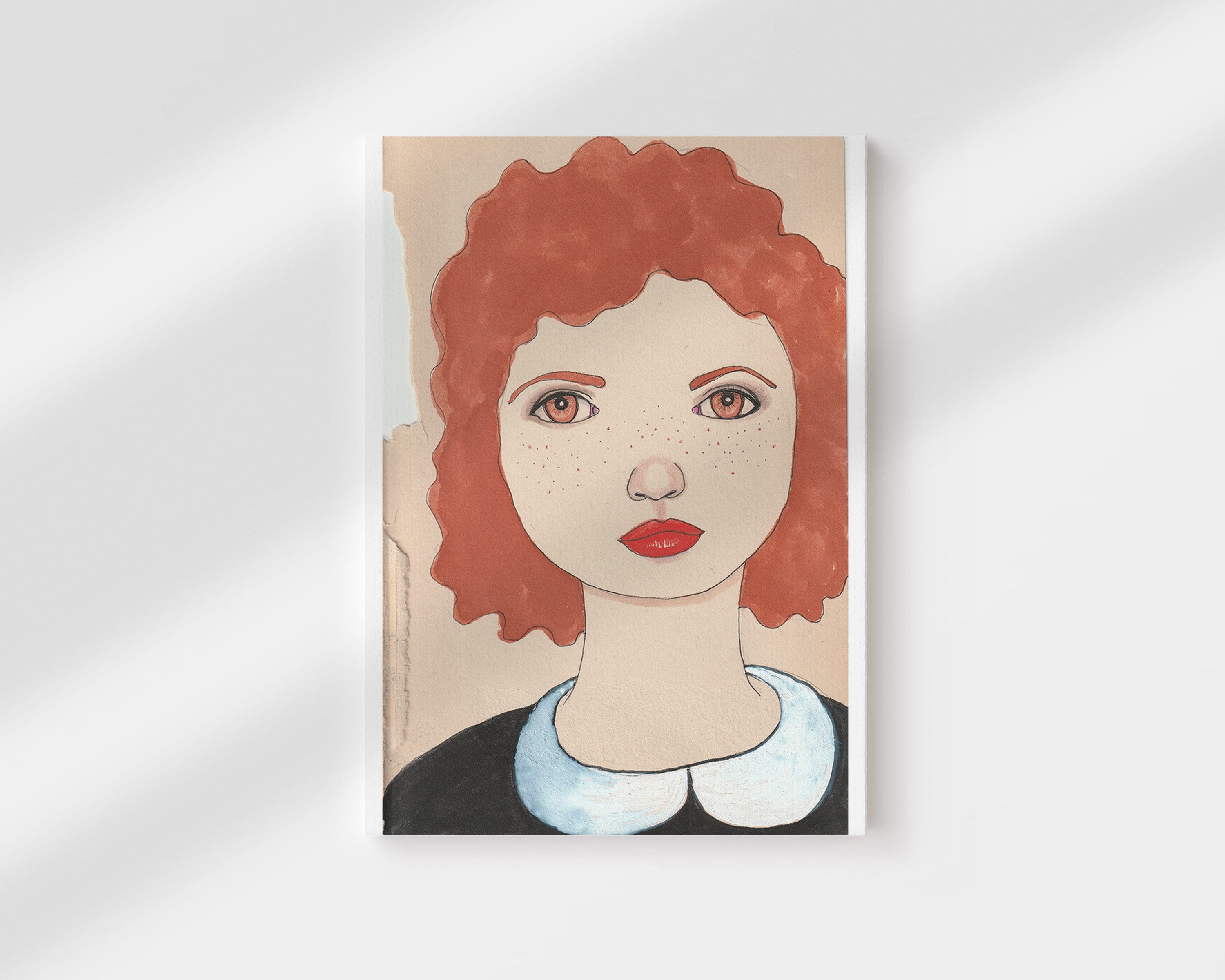 Redhead With Freckles Portrait Art of a Girl on Vintage Book Page ...