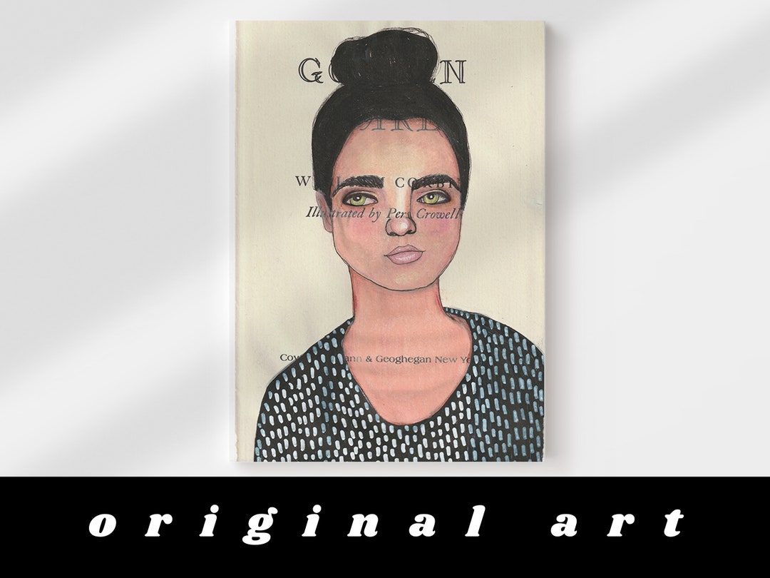 Eclectic Portrait Art Original Portrait of a Woman With Black Hair in a Bun on Vintage Book