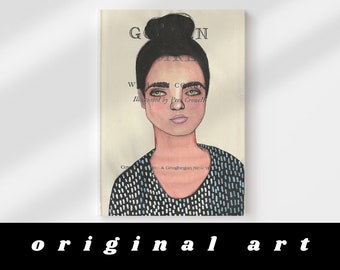 Eclectic Portrait Art - Original portrait of a woman with black hair in a bun on vintage book paper. Unique, funky wall art, hand drawn art.