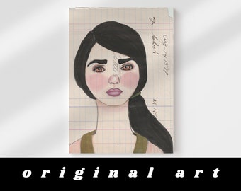 Original Portrait Art - Eclectic portrait of a woman with black hair on vintage ledger paper. Unique, funky wall art, hand drawn art. OOAK