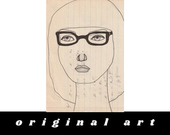 Female line art portrait on vintage math homework. Smart girl in glasses, feminist. Preppy art gift idea for math teachers or women in STEM.