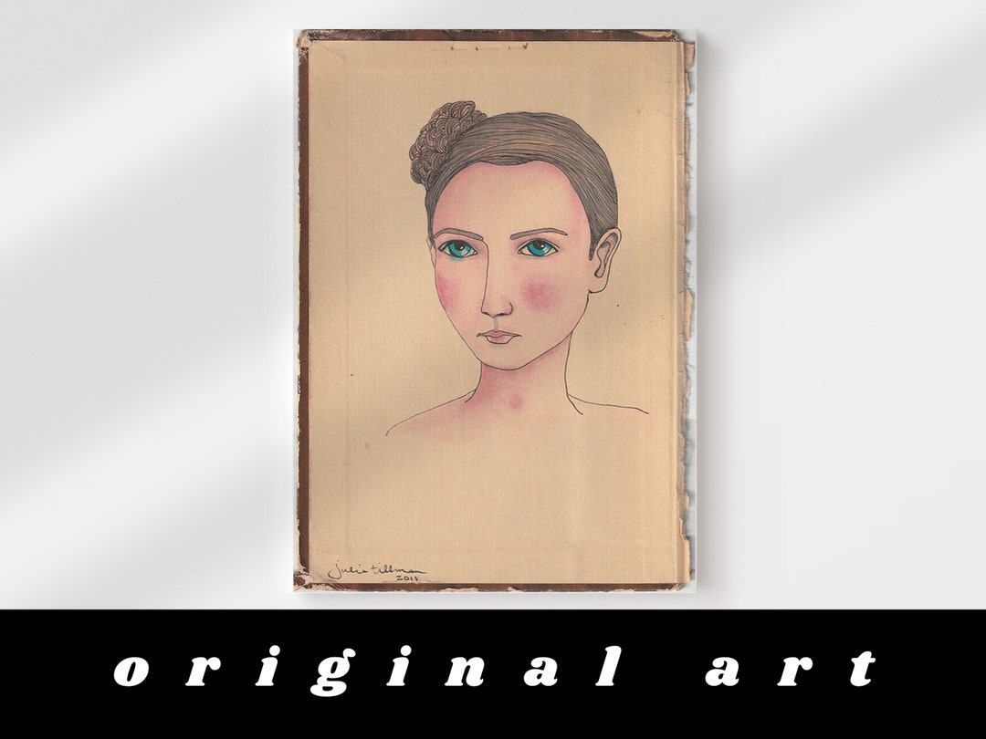 Original Portrait Art Handmade Portrait of a Woman With Brown Hair on Vintage Book Cover. Unique