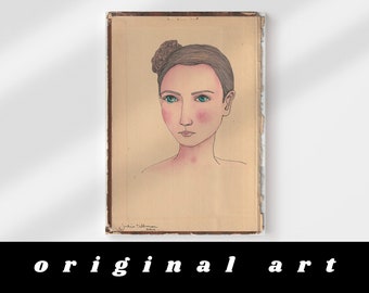 Original Portrait Art - Handmade portrait of a woman with brown hair on vintage book cover. Unique, funky wall art, hand drawn art. OOAK