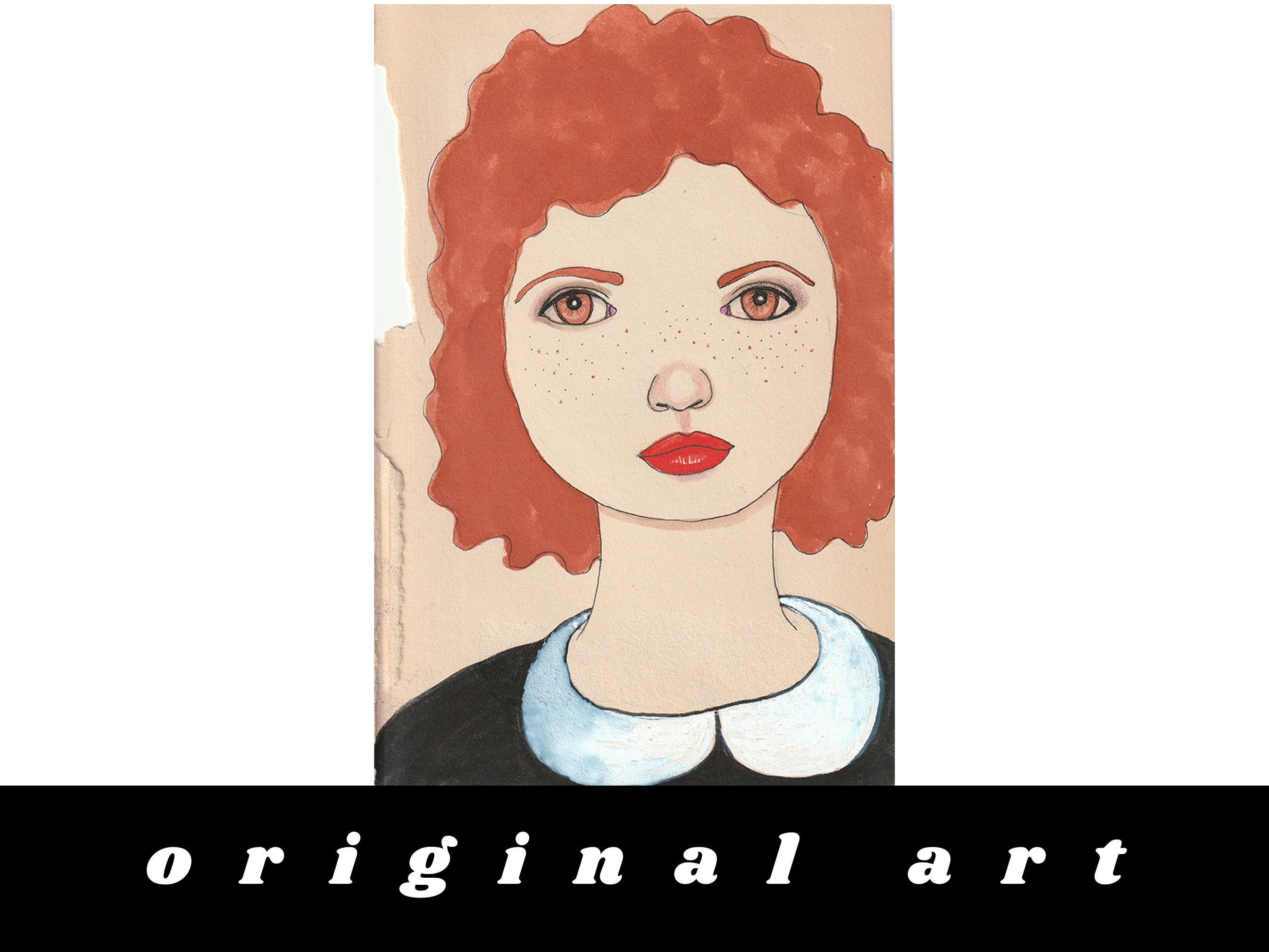 Redhead With Freckles Portrait Art of a Girl on Vintage Book Page ...