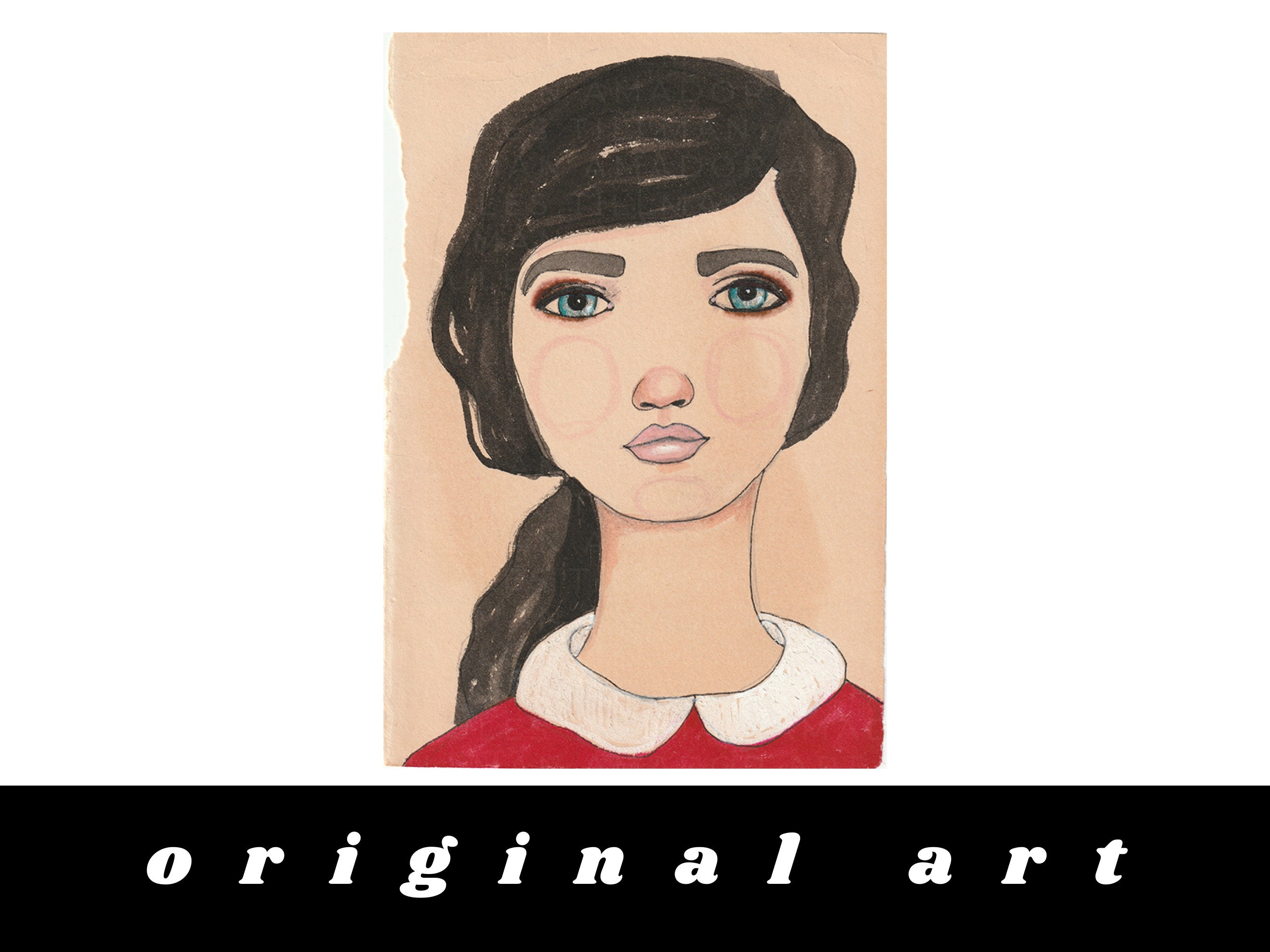 Quirky Portrait Art Original Portrait of a Woman With Black Hair on