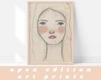 Unique art gift idea for math teachers or women in STEM. Feminine art portrait on vintage math homework page. Trending art, grief art print.