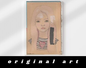 Portrait of a girl with a striped shirt and red heart on vintage book cover. Unique, funky wall art, hand drawn art. Original wall art.