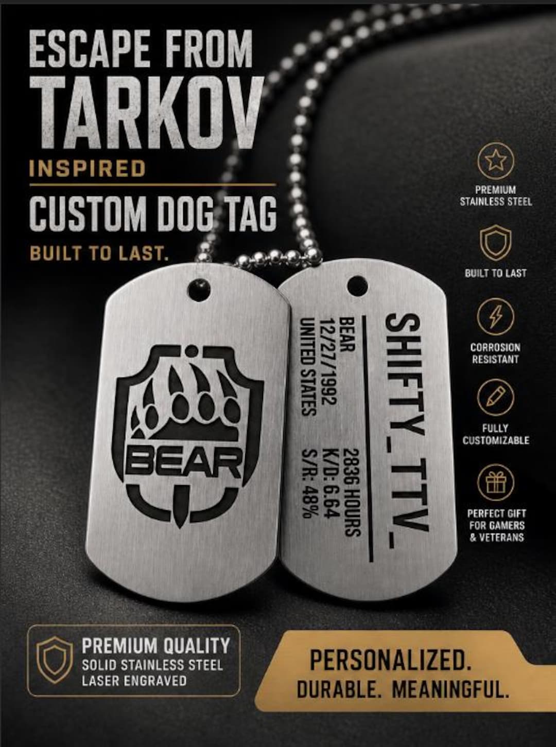 Custom Stainless Steel Dogtag Inspired Escape From Tarkov - Etsy
