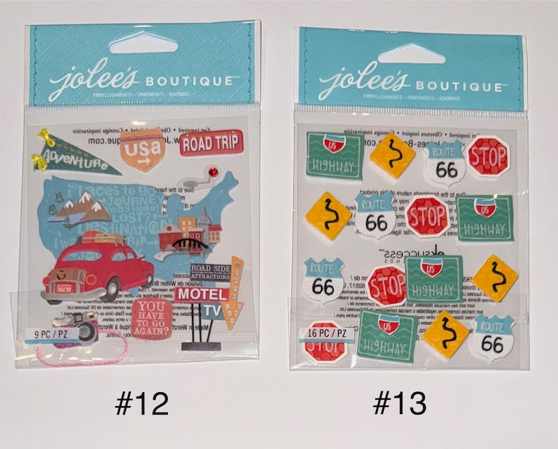 May include: Two packages of stickers with a road trip theme. The first package has 9 stickers and features a red car, a motel sign, and a map of the United States. The second package has 16 stickers and features various road signs, including "Route 66", "Highway", and "Stop".
