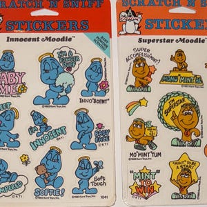 Feuille d'autocollants à gratter et à renifler vintage 1983 de Kent Toys, scellée NOS (New Old Stock) - Poudre pour bébé ou parfumée à la menthe