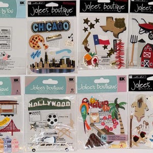 Assortiment de collages d'autocollants dimensionnels Jolee's Boutique au choix - États-Unis destinations SF Hollywood Texas Alaska Hawaï Chicago New York