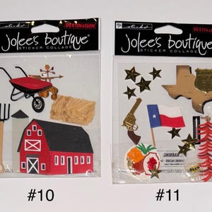 May include: Two sheets of stickers with a farm and Texas theme. The farm sheet has a red barn, a wheelbarrow, a pitchfork, and a bale of hay. The Texas sheet has a Texas-shaped outline, a Texas flag, a six-pointed star, a red and white firecracker, and a red and white chili pepper.