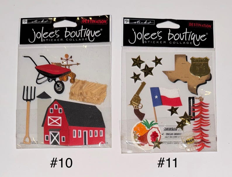 May include: Two sheets of stickers with a farm and Texas theme. The farm sheet has a red barn, a wheelbarrow, a pitchfork, and a bale of hay. The Texas sheet has a Texas-shaped outline, a Texas flag, a six-pointed star, a red and white firecracker, and a red and white chili pepper.