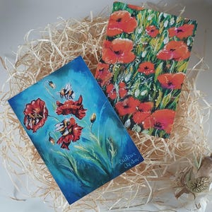 2er-Set Blumenpostkarten – Rote Mohnblumen & Bienen | Kunstkarten von Original Ölpastellgemälden von Cristina Archer | A6 mit Umschläge