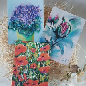 3 枚セットの花のアート ポストカード – クリスティーナ アーチャーによるオリジナルのオイル パステル画の複製