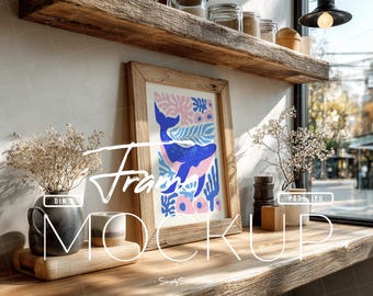 May include: A framed art print featuring a blue whale illustration with pink and blue floral elements. The artwork is displayed on a wooden shelf, alongside decorative vases and dried flowers. The frame is made of light-colored wood.