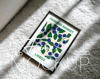 Black Frame Mockup, DIN A Vertical Frame Mockup Flat Lay on Carpet, Natural Light Shadow Overlay Print Poster Mockup, Art Print Mockup PSD