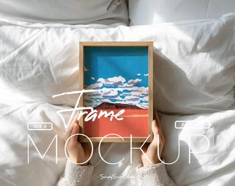 Wooden Frame Mockup with Hands, DIN A4 Poster Mockup, Photo Frame Mockup, Picture Frame on Bed, Wall Art Display, Modern Art Frame Mockup