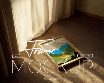 Natural Wood Frame Mockup in Room, Poster Frame Mockup, Artwork Frame Mockup, Sunset Photo Frame Mockup, Picture Frame, Wall Art Display PSD