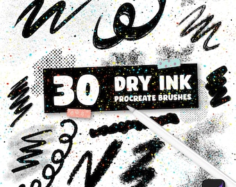 May include: A set of 30 dry ink Procreate brushes. The image shows a variety of brush strokes in black ink on a white background with colorful dots. The text "30 DRY INK PROCREATE BRUSHES" is displayed in a black rectangle with white text.