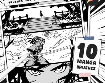 10 pinceles de manga para Procreate, bocetos para cómics digitales, pinceles de semitonos, guiones gráficos para cómics japoneses, pinceles de trama.