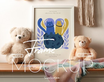 Kids Poster Frame Mockup, Nursery Poster Mockup, Artwork Frame Mockup, Children Photo Frame Mockup, Cute Picture Frame, Wall Art Display PSD