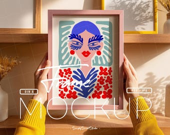 Frame Mockup With Hands, DIN A Ratio Pink Wood Frame, A4 Print Poster Wall Art Display, Single Frame Mockup, Modern Picture Frame Mockup PSD