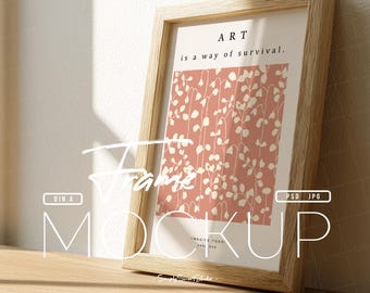 Wood Frame Mockup, DIN A4 Photo Frame Mockup, Picture Frame Mockup, Minimalist Scandinavian Mockup, Boho Printable Wall Art Display PSD JPG