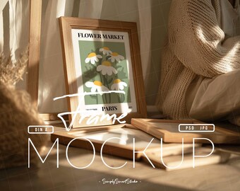 Natural Wooden Frame Mockup with Person, DIN A Ratio, Picture Frame Mockup, A4 Printable Wall Art Display, Boho Frame Mockup, Poster Mockup