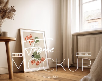 Wood Frame Mockup with Mat, DIN A4 Poster Mockup, Photo Frame Mockup, Boho Picture Frame on Floor, Wall Art Display, Modern Art Frame Mockup