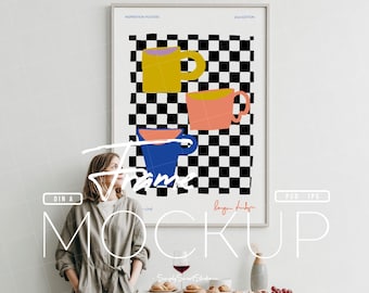 Mockup di cornice bianca di grandi dimensioni, mockup di poster ISO DIN con persona, mockup di cornice per foto enorme, mockup di cornice per foto, mockup di poster da parete alla moda